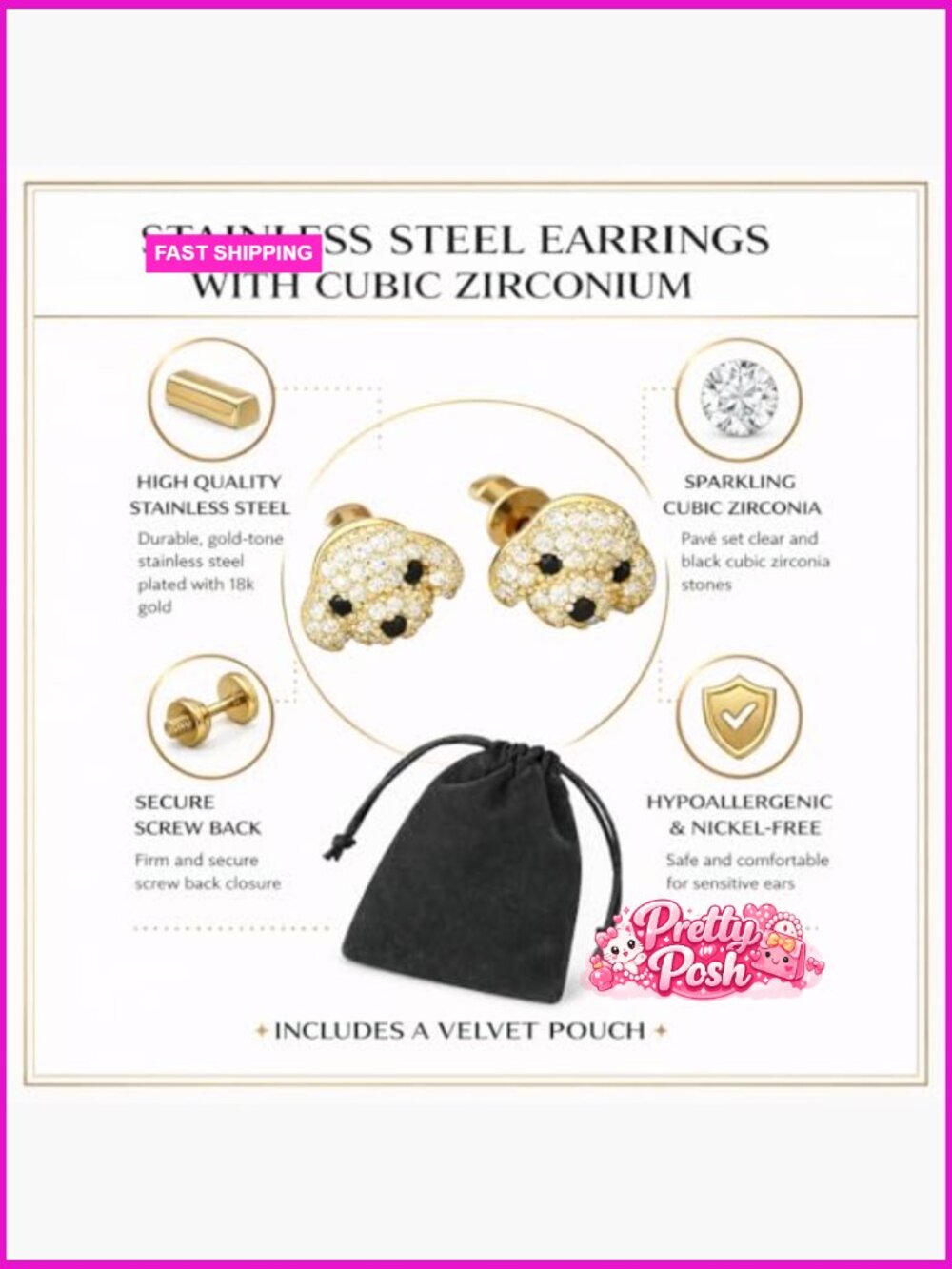 Dog Breed Stud Earrings with Crystals for Women - Picture 4 of 7